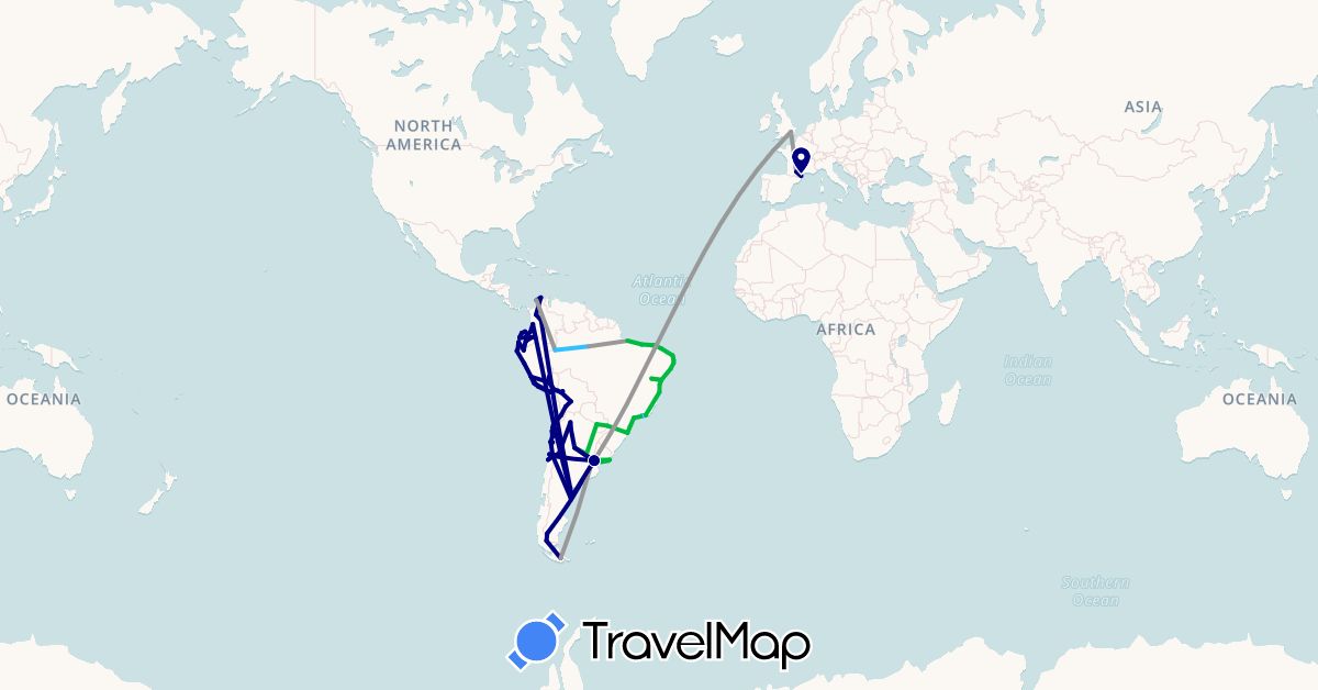 TravelMap itinerary: driving, bus, plane, boat in Argentina, Bolivia, Brazil, Chile, Colombia, Ecuador, France, United Kingdom, Peru, Paraguay, Uruguay (Europe, South America)